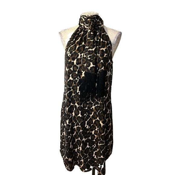 Trina Turk Iman Shift Dress 6 Stretch Silk Black Brown Fringe Scarf Tie $368 - Picture 1 of 13